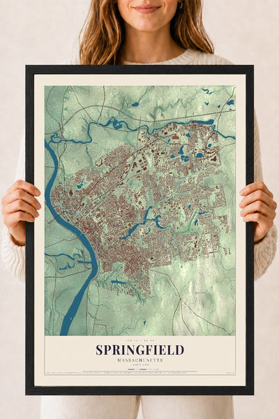 Springfield, Massachusetts map print - 18 x 24 black Ayous wood frame