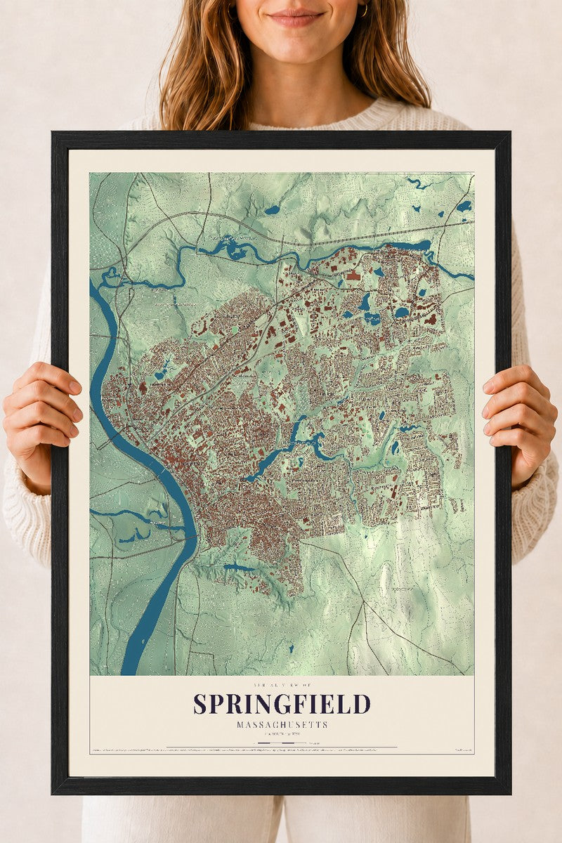 Springfield, Massachusetts map print - 18 x 24 black Ayous wood frame