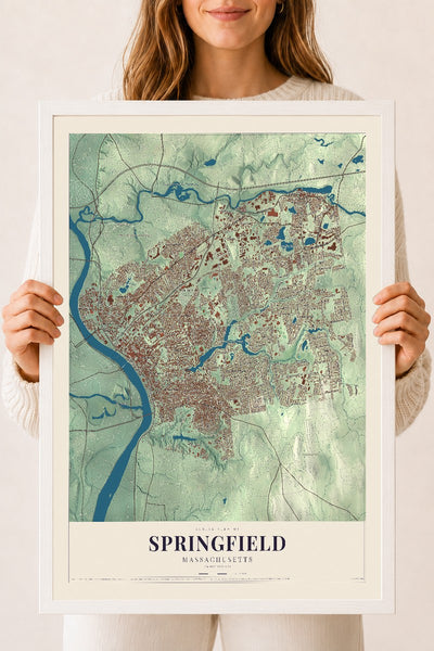 Springfield, Massachusetts map print - 18 x 24 white Ayous wood frame