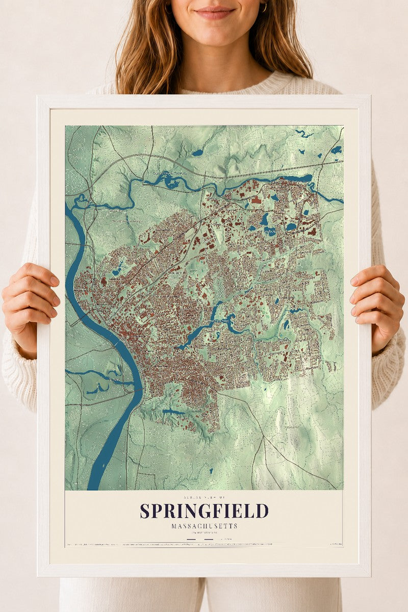 Springfield, Massachusetts map print - 18 x 24 white Ayous wood frame