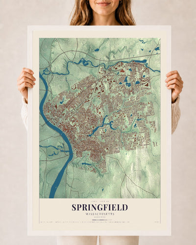 Springfield, Massachusetts map print - 24 x 36 white Ayous wood frame