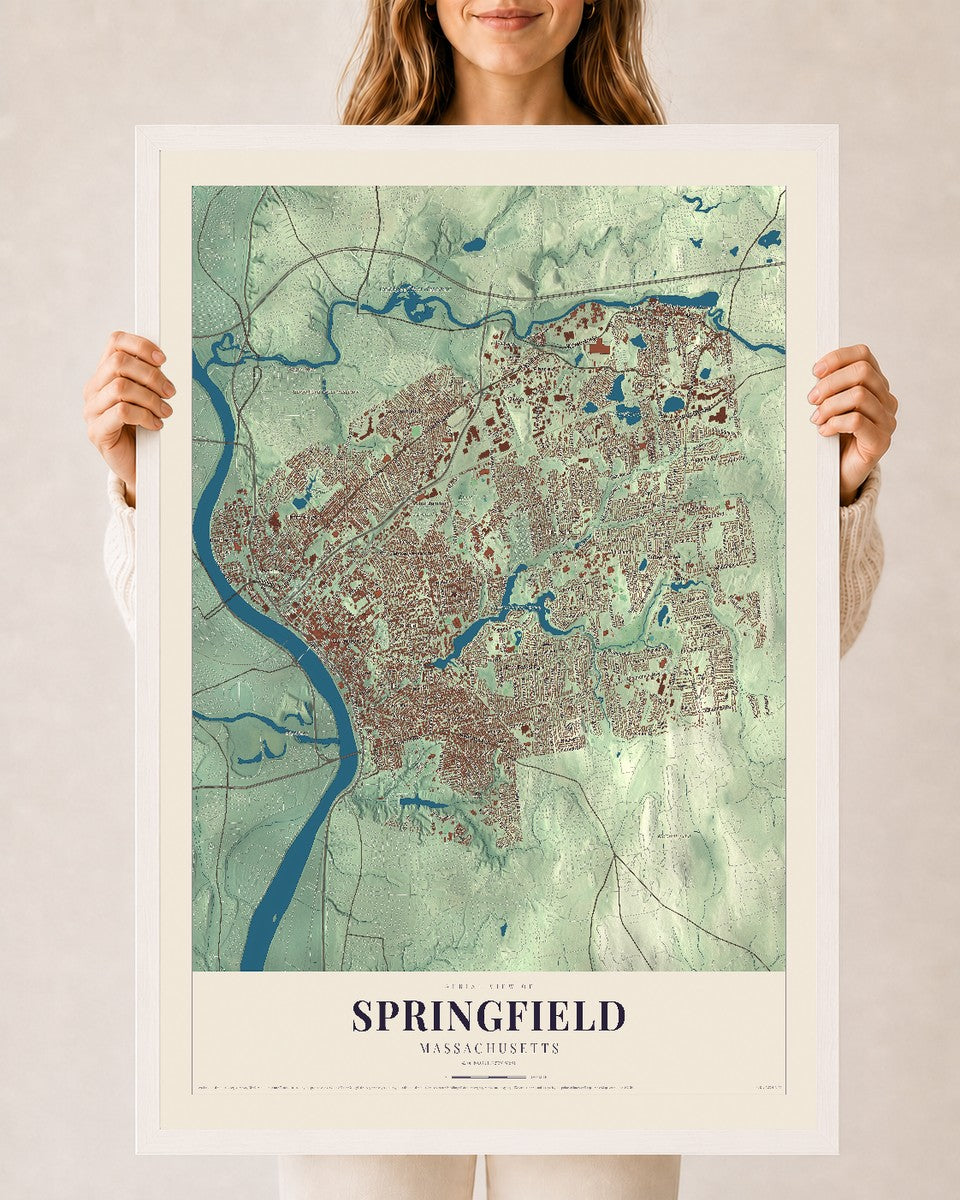 Springfield, Massachusetts map print - 24 x 36 white Ayous wood frame