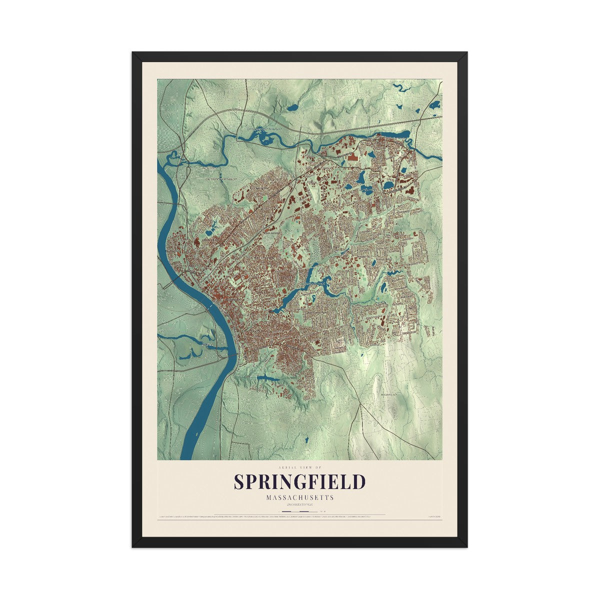 Map of Springfield, Massachusetts, 12 x 18 inch print in a black wood frame