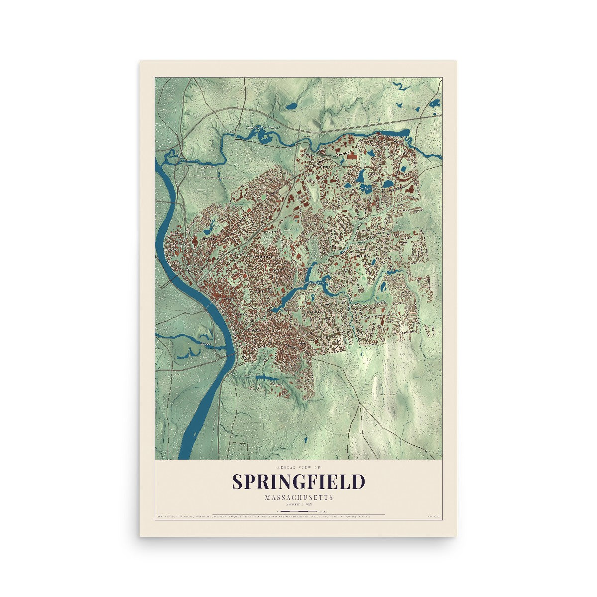 Map of Springfield, Massachusetts, 12 x 18 inch unframed archival matte print