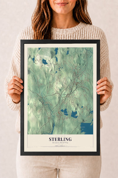 Sterling, Massachusetts map print - 12 x 18 black Ayous wood frame