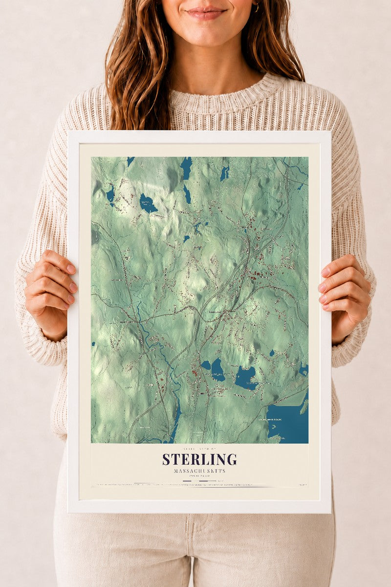Sterling, Massachusetts map print - 12 x 18 white Ayous wood frame