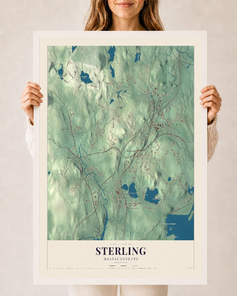Sterling, Massachusetts map print - 24 x 36 white Ayous wood frame