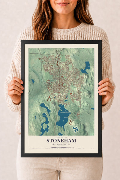 Stoneham, Massachusetts map print - 12 x 18 black Ayous wood frame