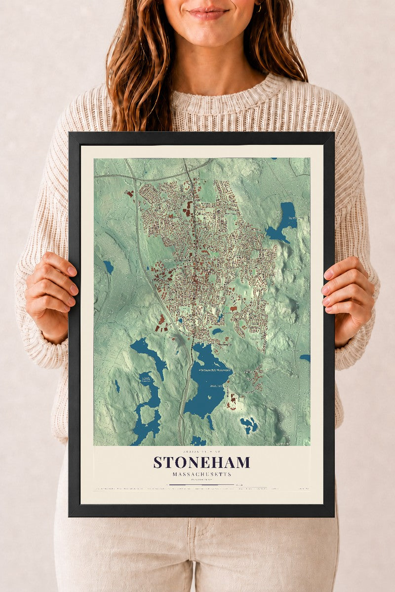 Stoneham, Massachusetts map print - 12 x 18 black Ayous wood frame