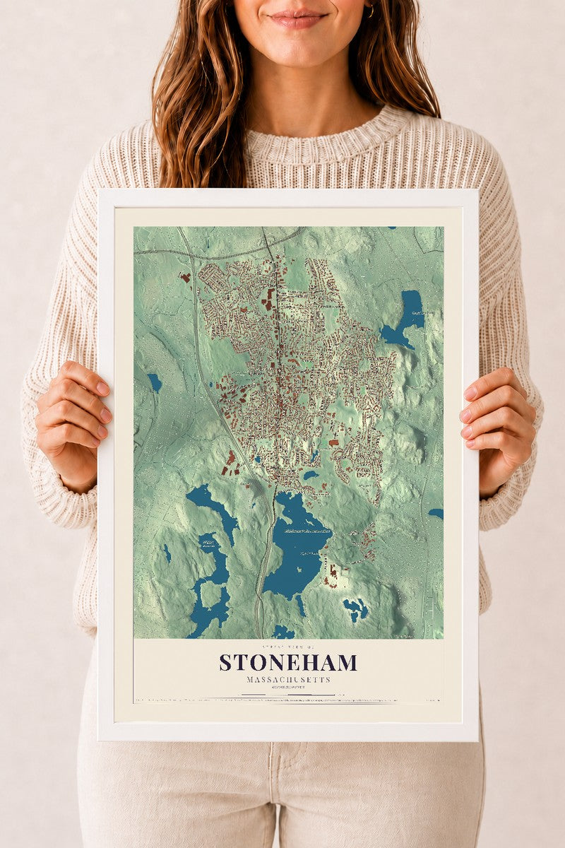Stoneham, Massachusetts map print - 12 x 18 white Ayous wood frame