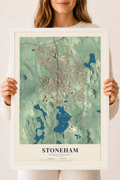 Stoneham, Massachusetts map print - 18 x 24 white Ayous wood frame