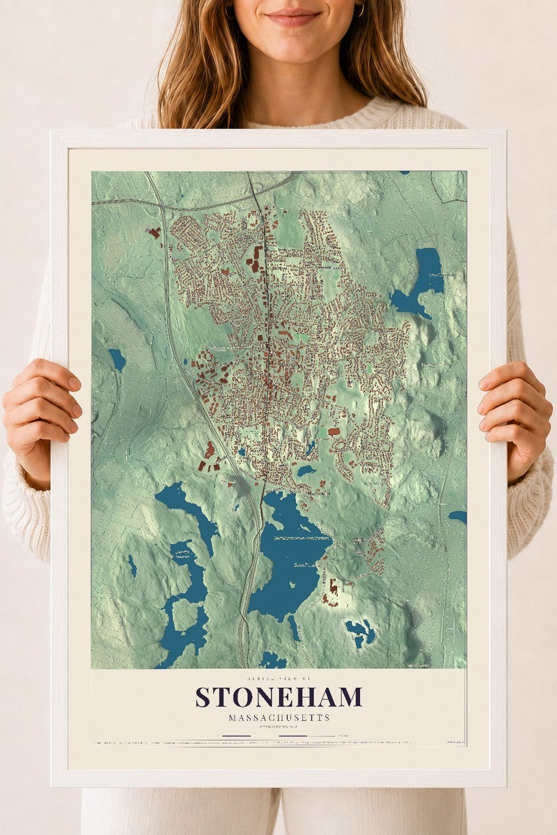 Stoneham, Massachusetts map print - 18 x 24 white Ayous wood frame