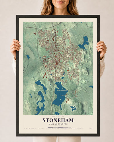 Stoneham, Massachusetts map print - 24 x 36 black Ayous wood frame