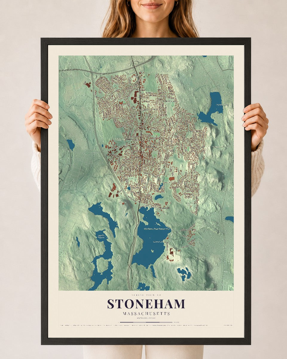 Stoneham, Massachusetts map print - 24 x 36 black Ayous wood frame