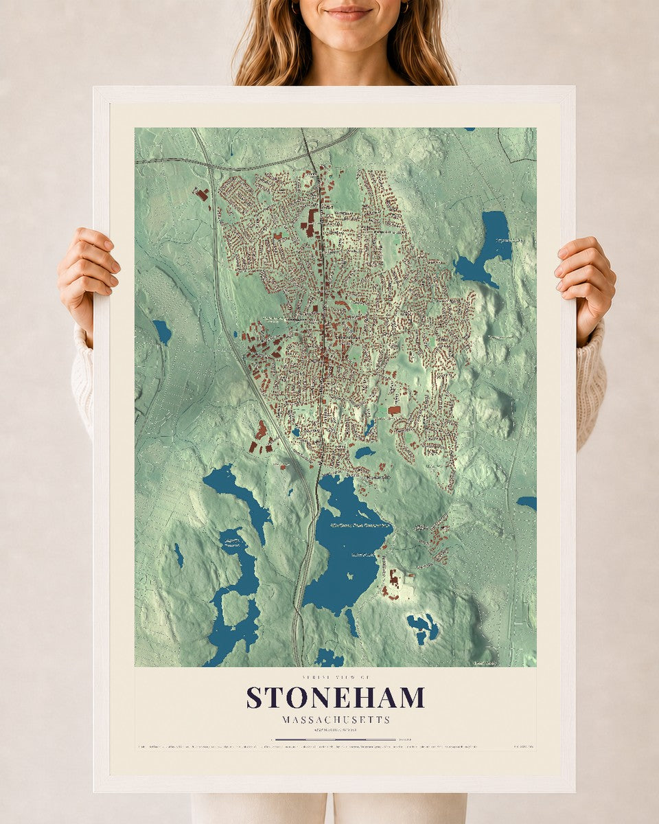 Stoneham, Massachusetts map print - 24 x 36 white Ayous wood frame