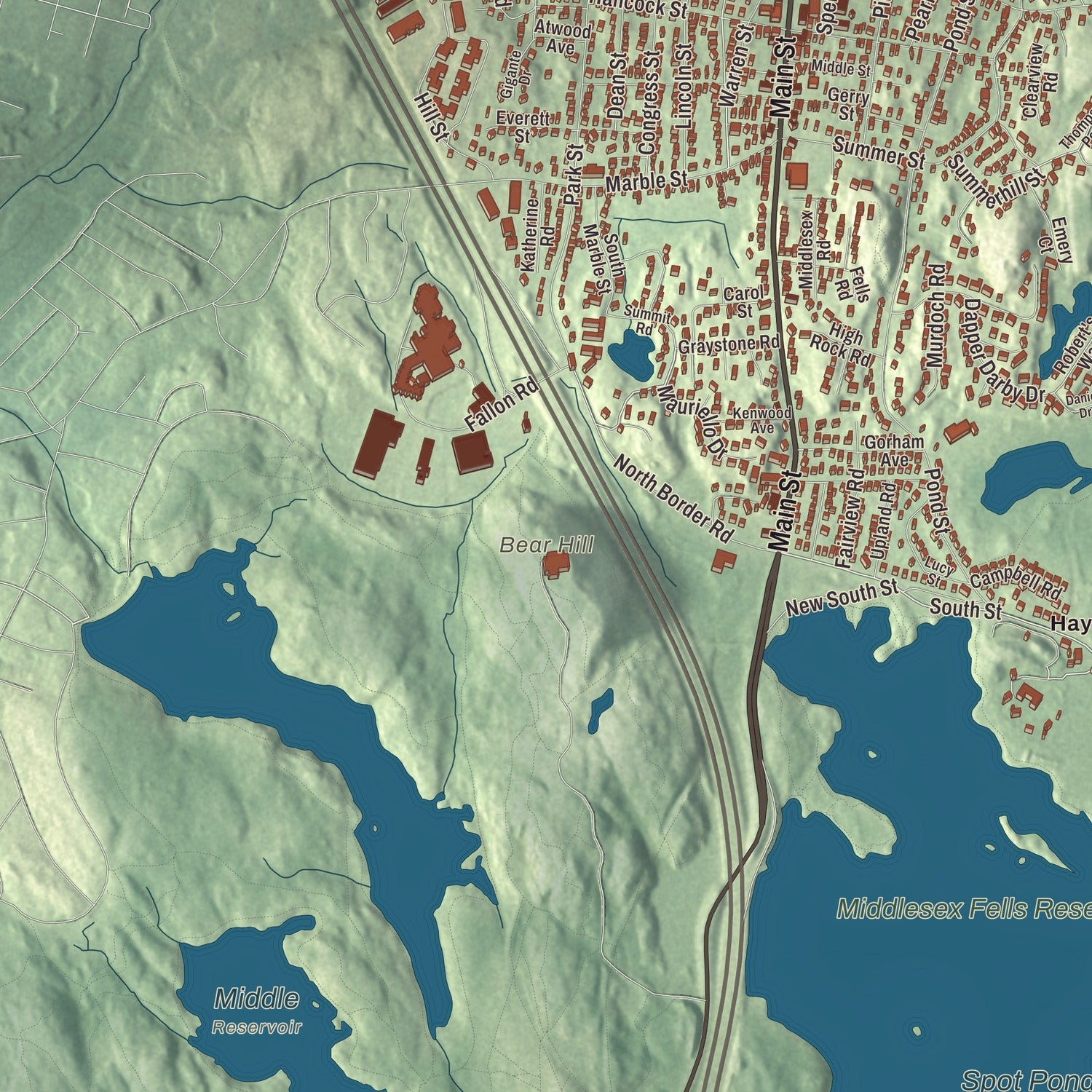 Terrain and local geography detail from the Stoneham, Massachusetts map