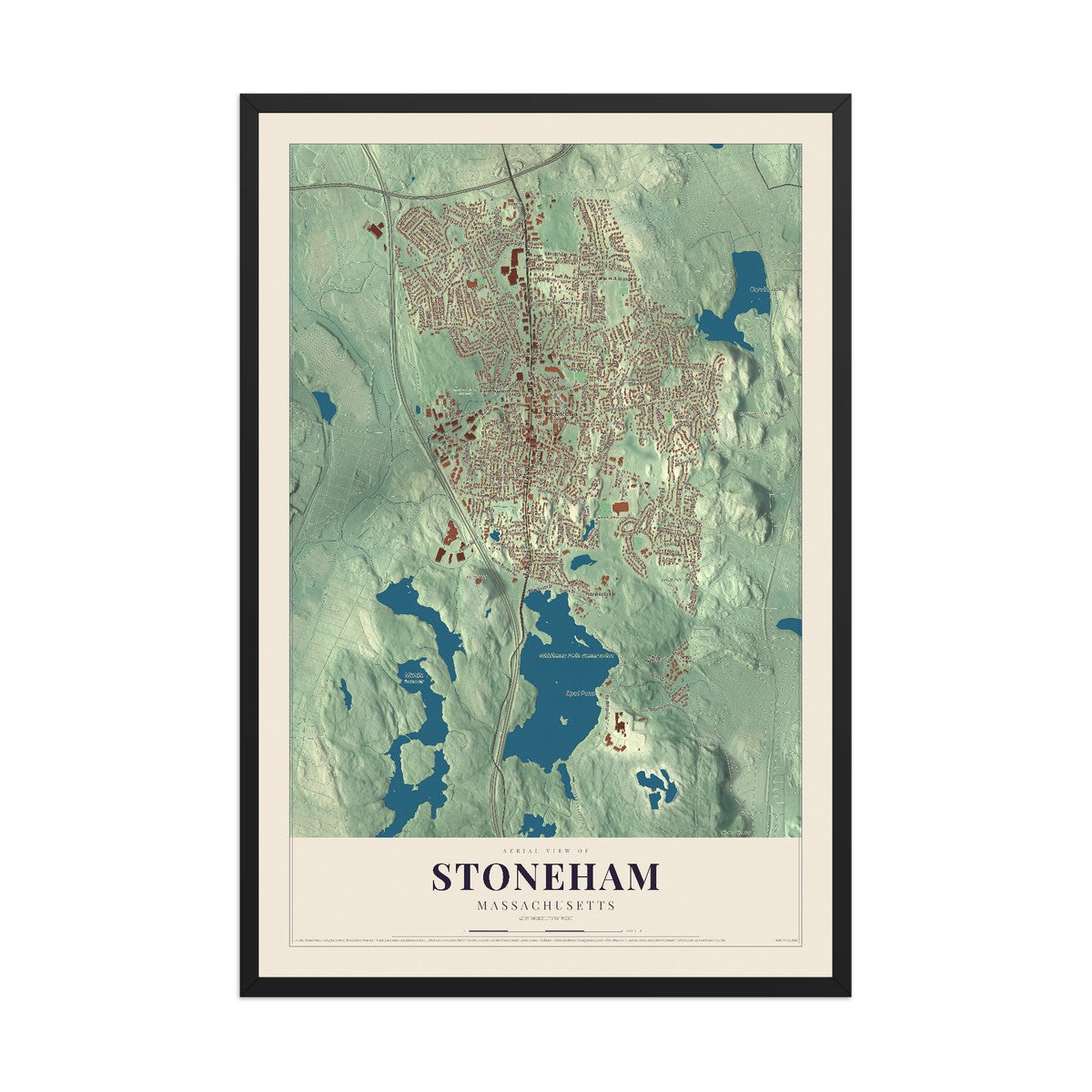 Map of Stoneham, Massachusetts, 12 x 18 inch print in a black wood frame
