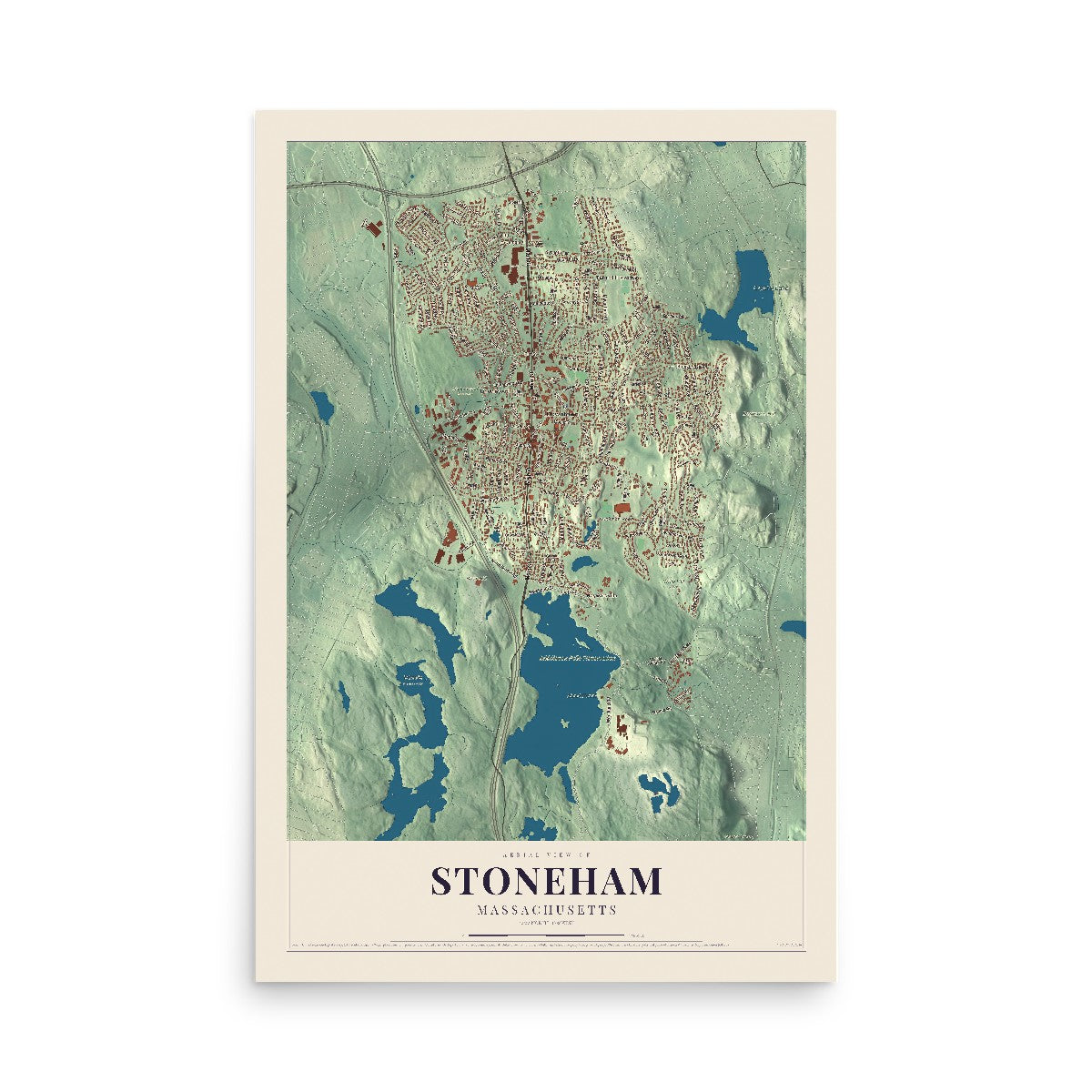 Map of Stoneham, Massachusetts, 12 x 18 inch unframed archival matte print