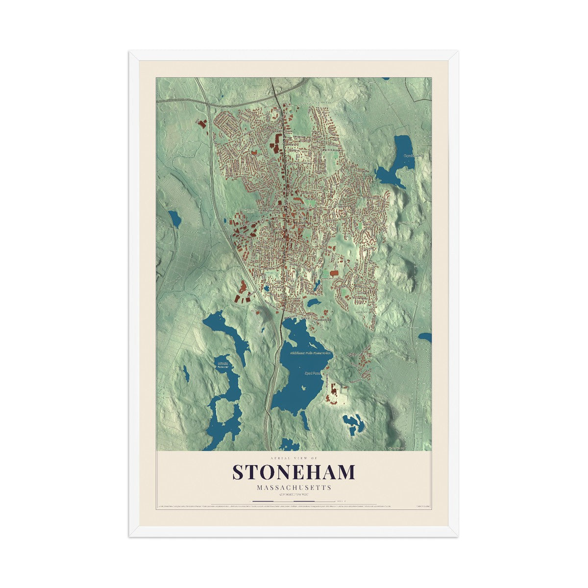 Map of Stoneham, Massachusetts, 12 x 18 inch print in a white wood frame