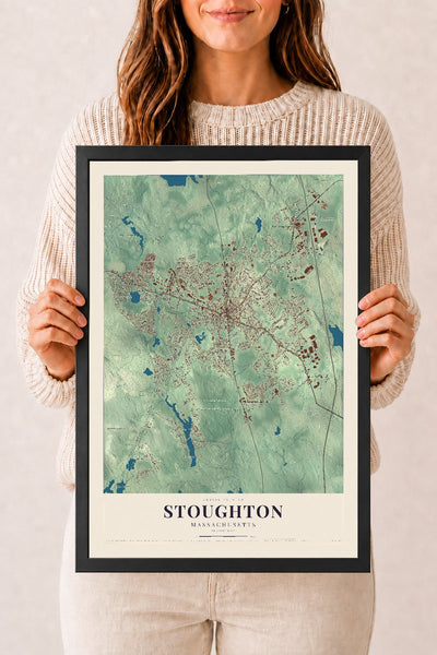 Stoughton, Massachusetts map print - 12 x 18 black Ayous wood frame