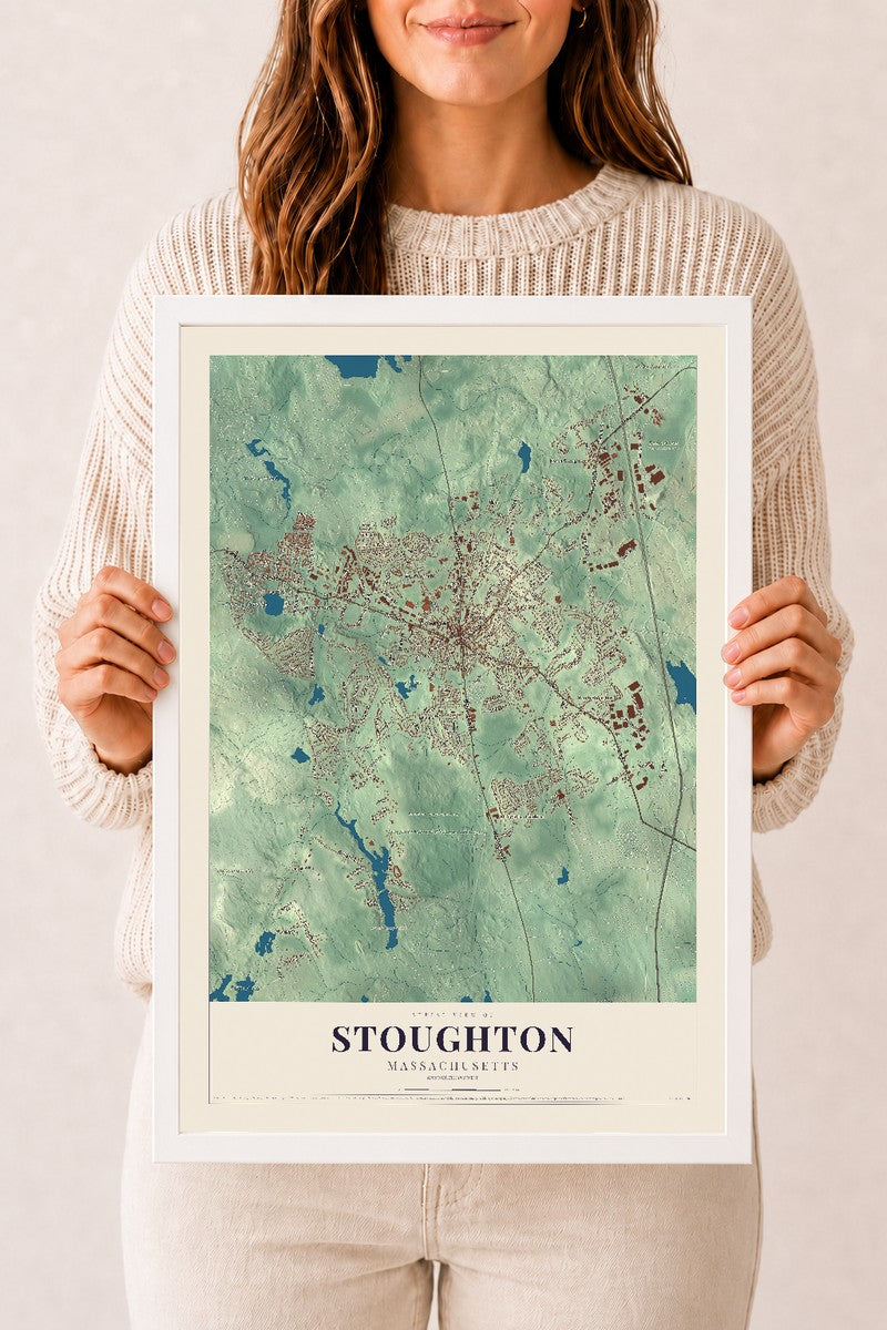 Stoughton, Massachusetts map print - 12 x 18 white Ayous wood frame