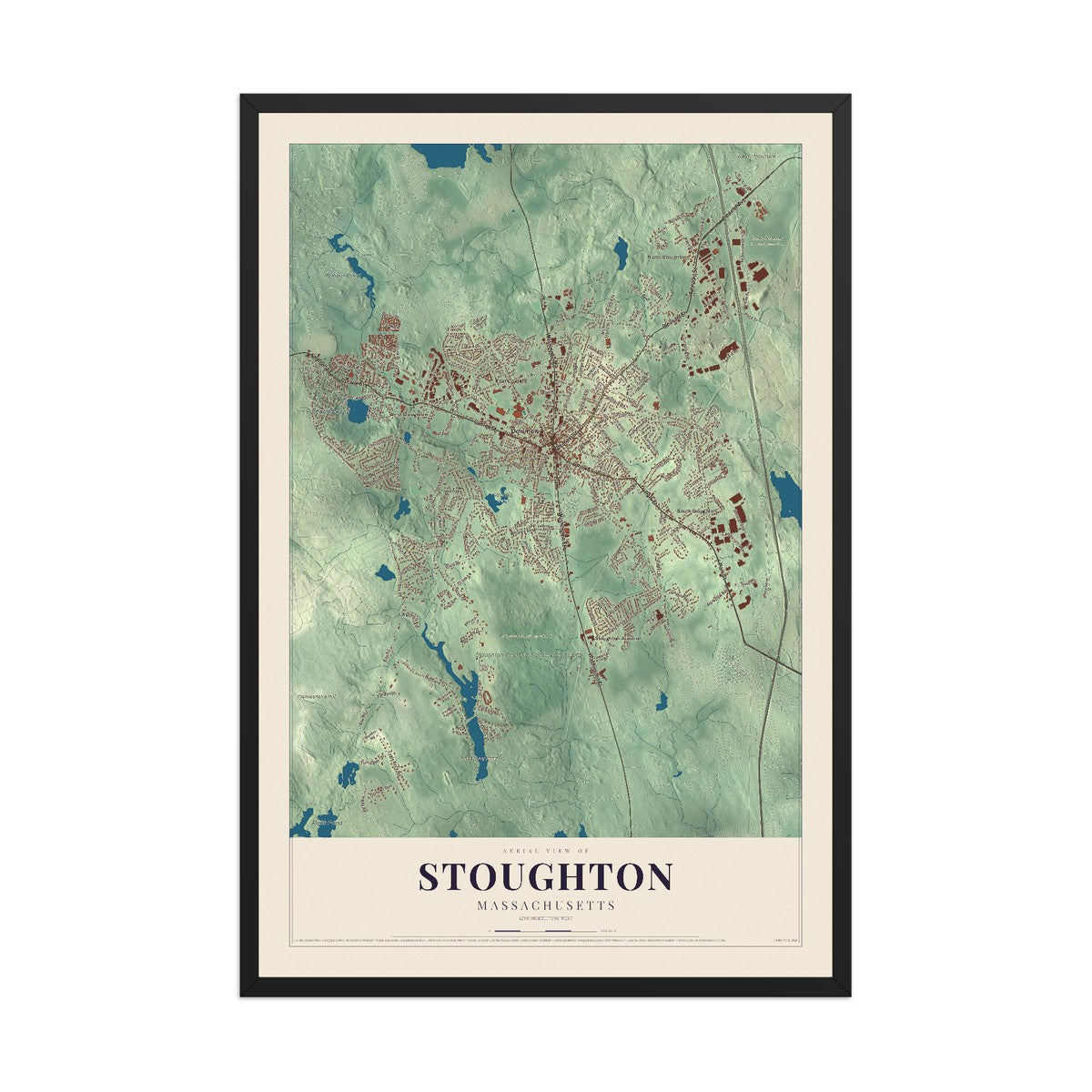 Map of Stoughton, Massachusetts, 12 x 18 inch print in a black wood frame