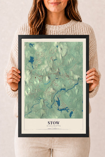 Stow, Massachusetts map print - 12 x 18 black Ayous wood frame
