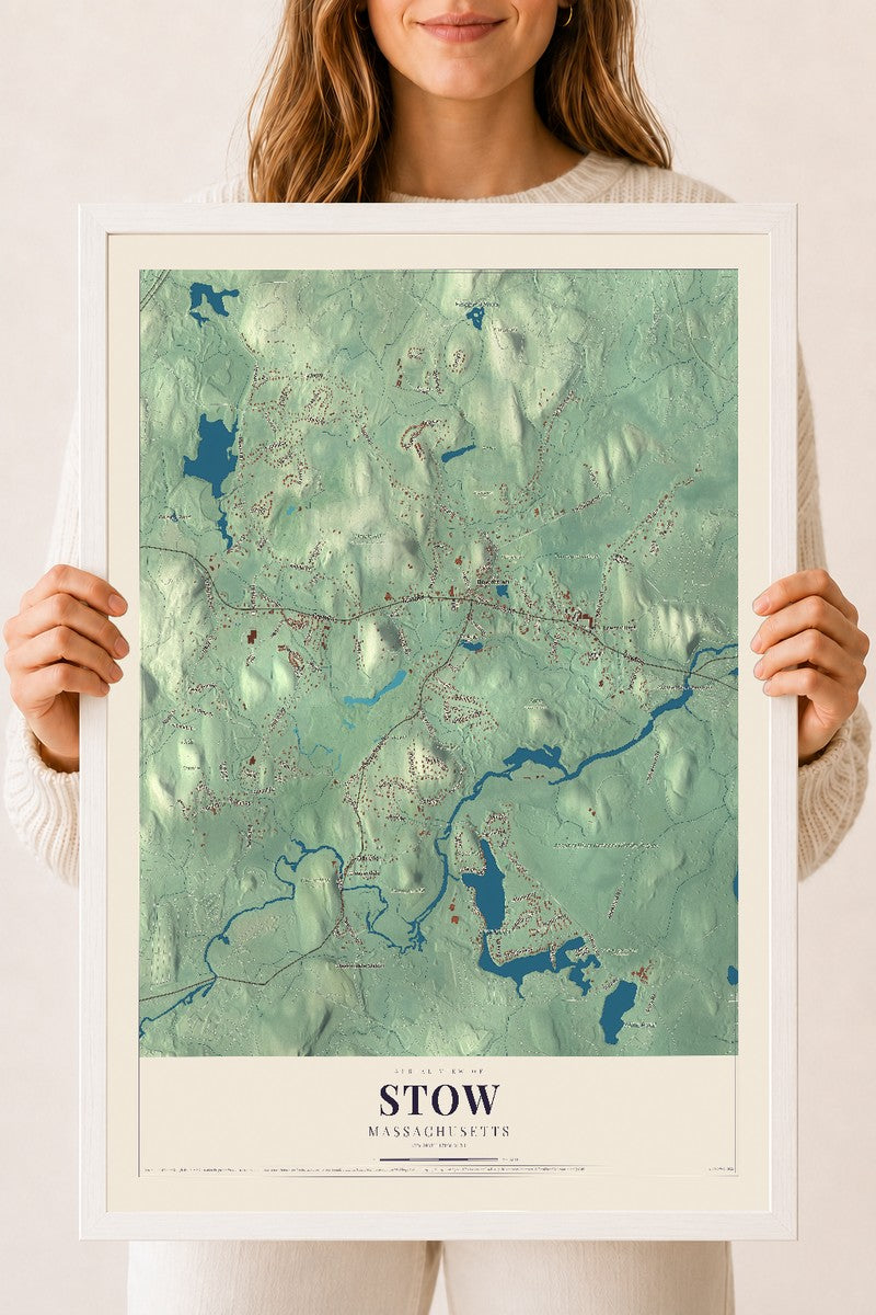 Stow, Massachusetts map print - 18 x 24 white Ayous wood frame