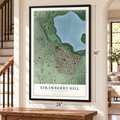 Strawberry Hill, Massachusetts map, 24 x 36 inch print in a black frame by a staircase