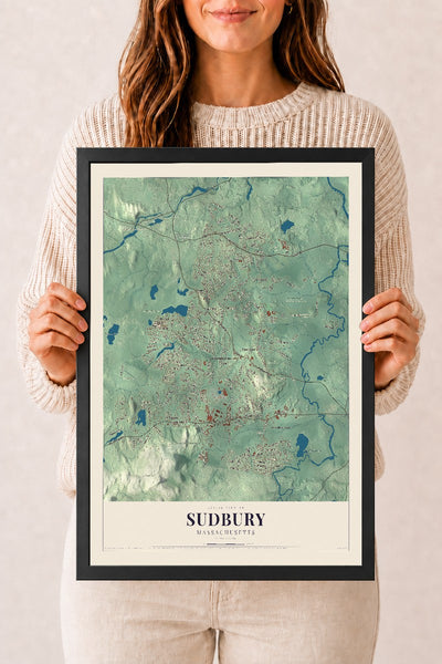 Sudbury, Massachusetts map print - 12 x 18 black Ayous wood frame