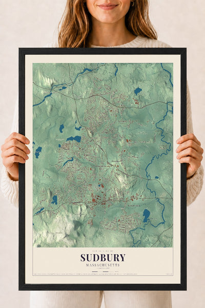 Sudbury, Massachusetts map print - 18 x 24 black Ayous wood frame