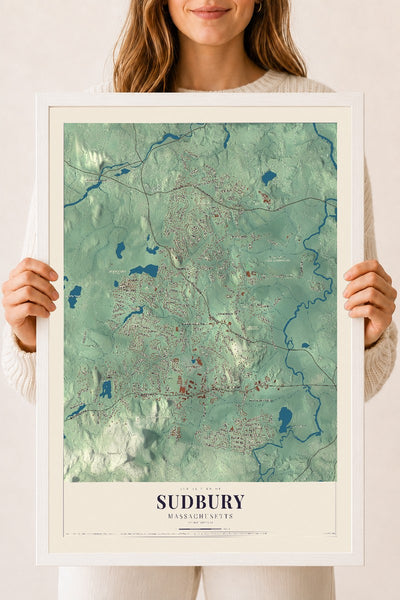 Sudbury, Massachusetts map print - 18 x 24 white Ayous wood frame