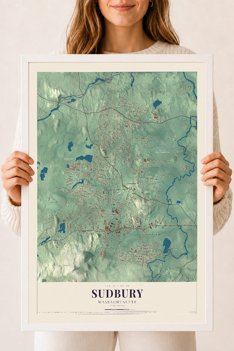 Sudbury, Massachusetts map print - 18 x 24 white Ayous wood frame