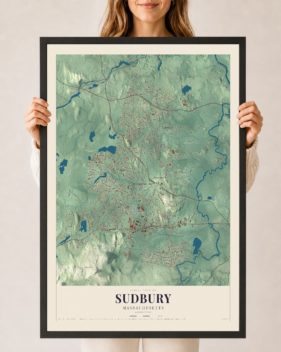 Sudbury, Massachusetts map print - 24 x 36 black Ayous wood frame
