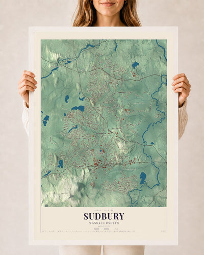 Sudbury, Massachusetts map print - 24 x 36 white Ayous wood frame