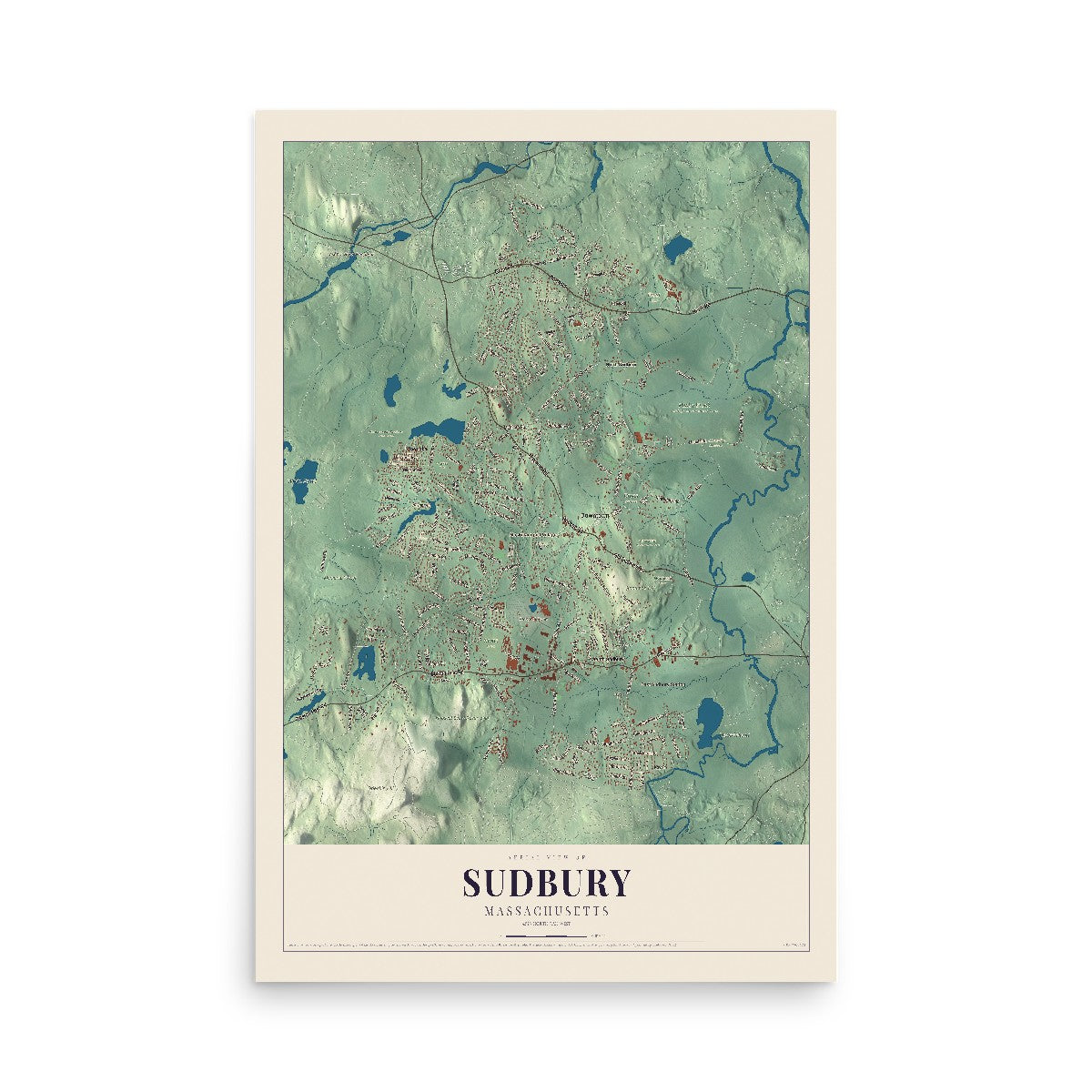 Map of Sudbury, Massachusetts, 12 x 18 inch unframed archival matte print