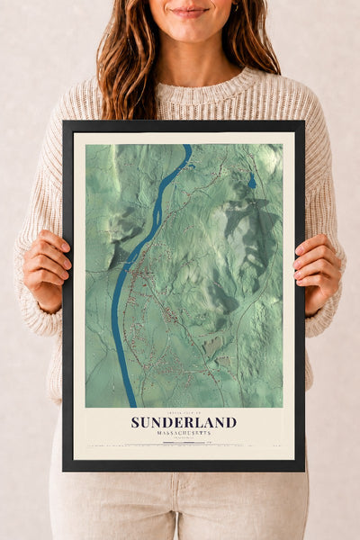 Sunderland, Massachusetts map print - 12 x 18 black Ayous wood frame