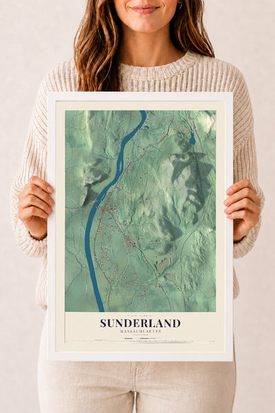 Sunderland, Massachusetts map print - 12 x 18 white Ayous wood frame