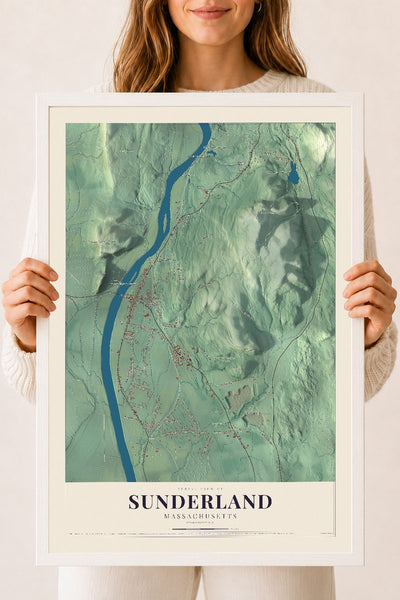 Sunderland, Massachusetts map print - 18 x 24 white Ayous wood frame