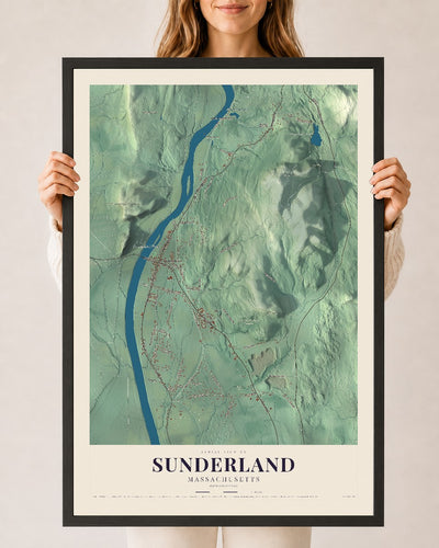 Sunderland, Massachusetts map print - 24 x 36 black Ayous wood frame