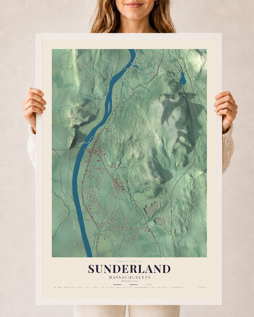 Sunderland, Massachusetts map print - 24 x 36 white Ayous wood frame