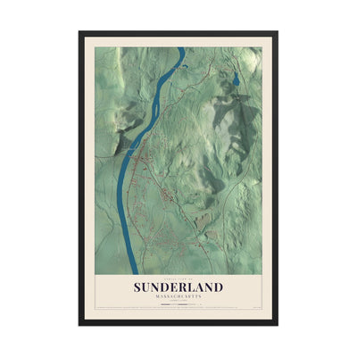 Map of Sunderland, Massachusetts, 12 x 18 inch print in a black wood frame