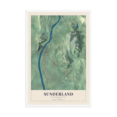 Map of Sunderland, Massachusetts, 12 x 18 inch print in a white wood frame