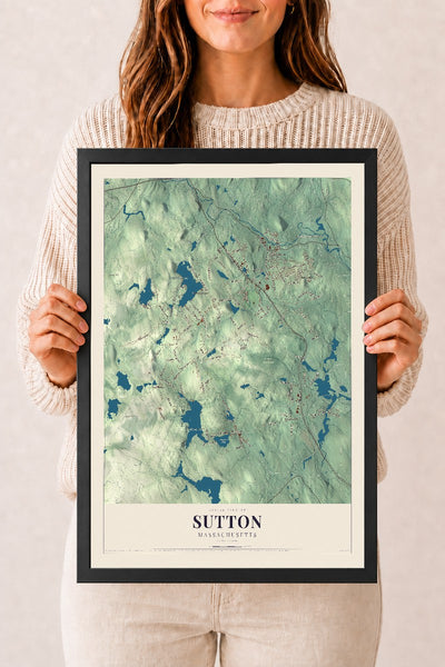 Sutton, Massachusetts map print - 12 x 18 black Ayous wood frame