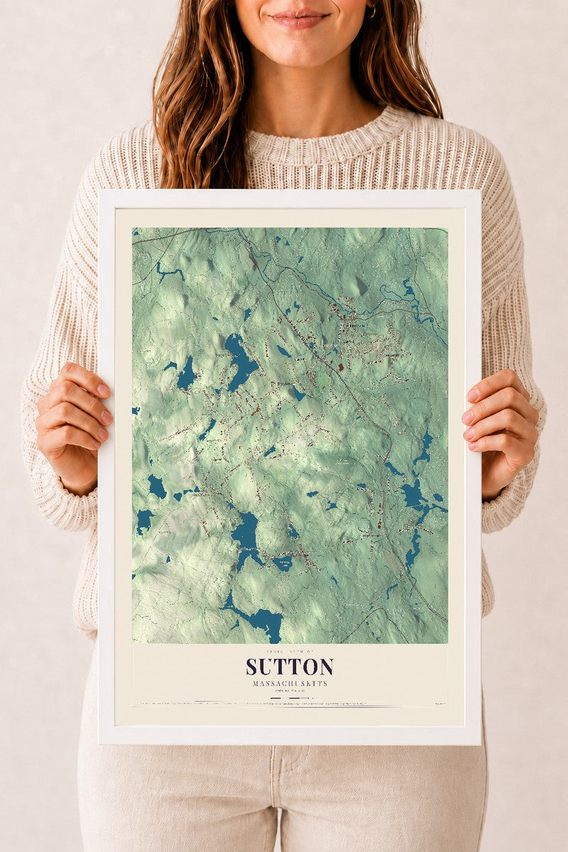 Sutton, Massachusetts map print - 12 x 18 white Ayous wood frame