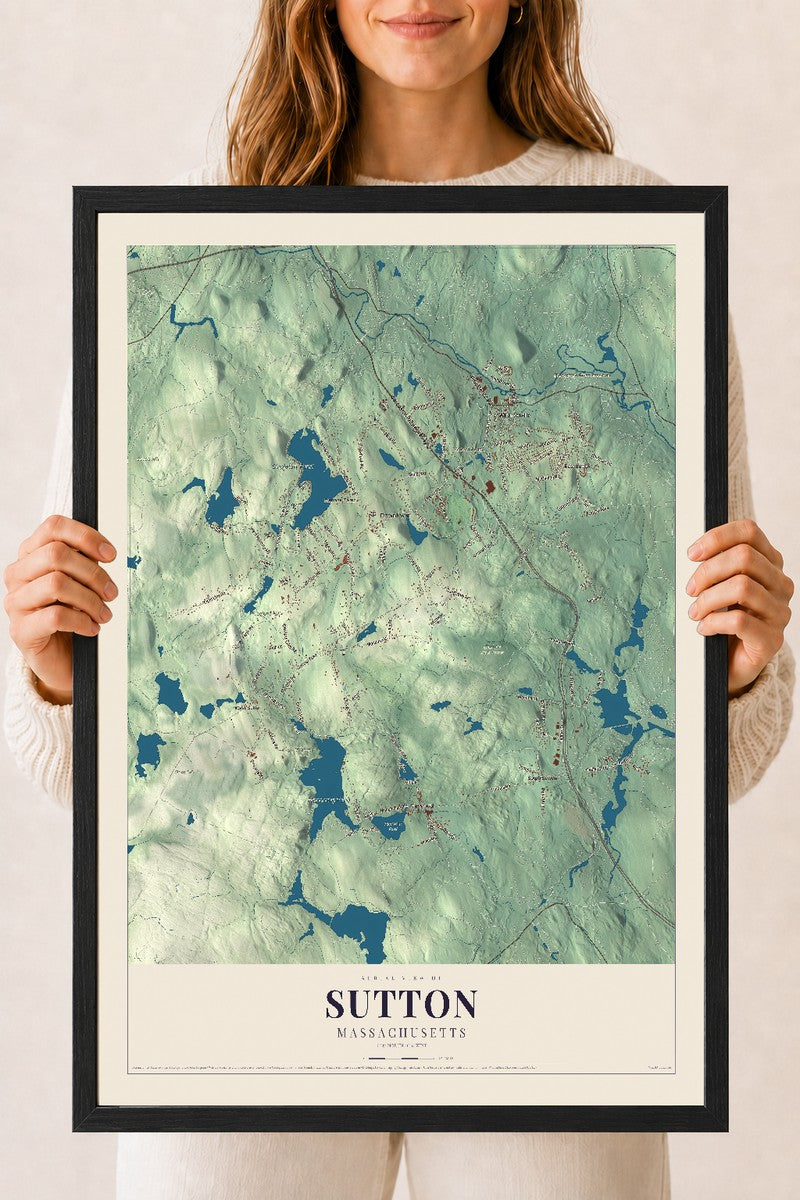 Sutton, Massachusetts map print - 18 x 24 black Ayous wood frame