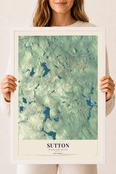 Sutton, Massachusetts map print - 18 x 24 white Ayous wood frame