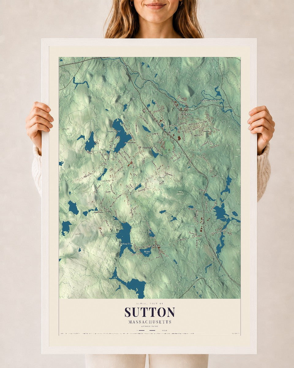 Sutton, Massachusetts map print - 24 x 36 white Ayous wood frame