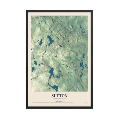 Map of Sutton, Massachusetts, 12 x 18 inch print in a black wood frame