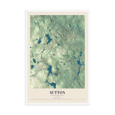 Map of Sutton, Massachusetts, 12 x 18 inch print in a white wood frame
